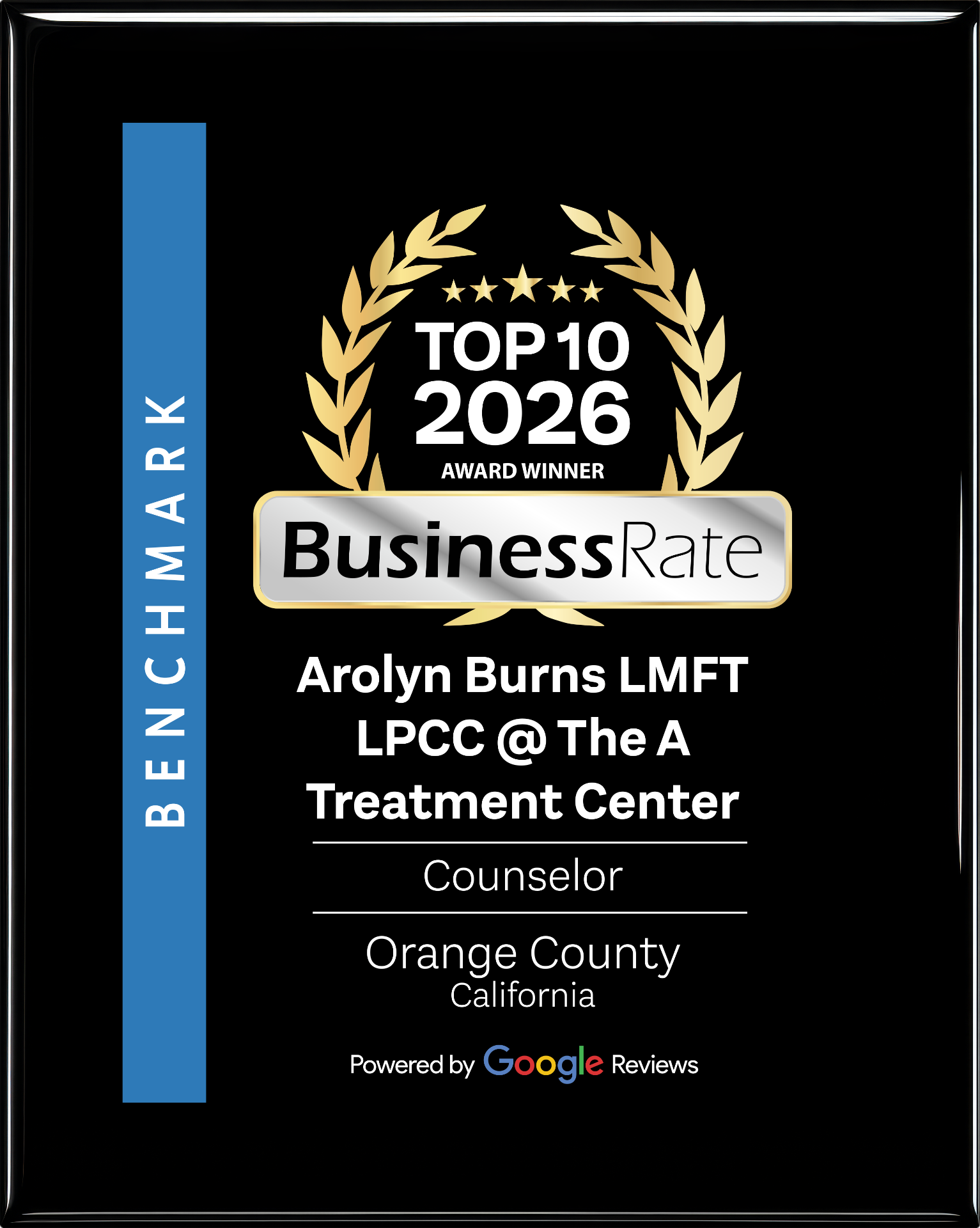 BusinessRate Top 10 2026 Award Winner - Arolyn Burns LMFT LPCC