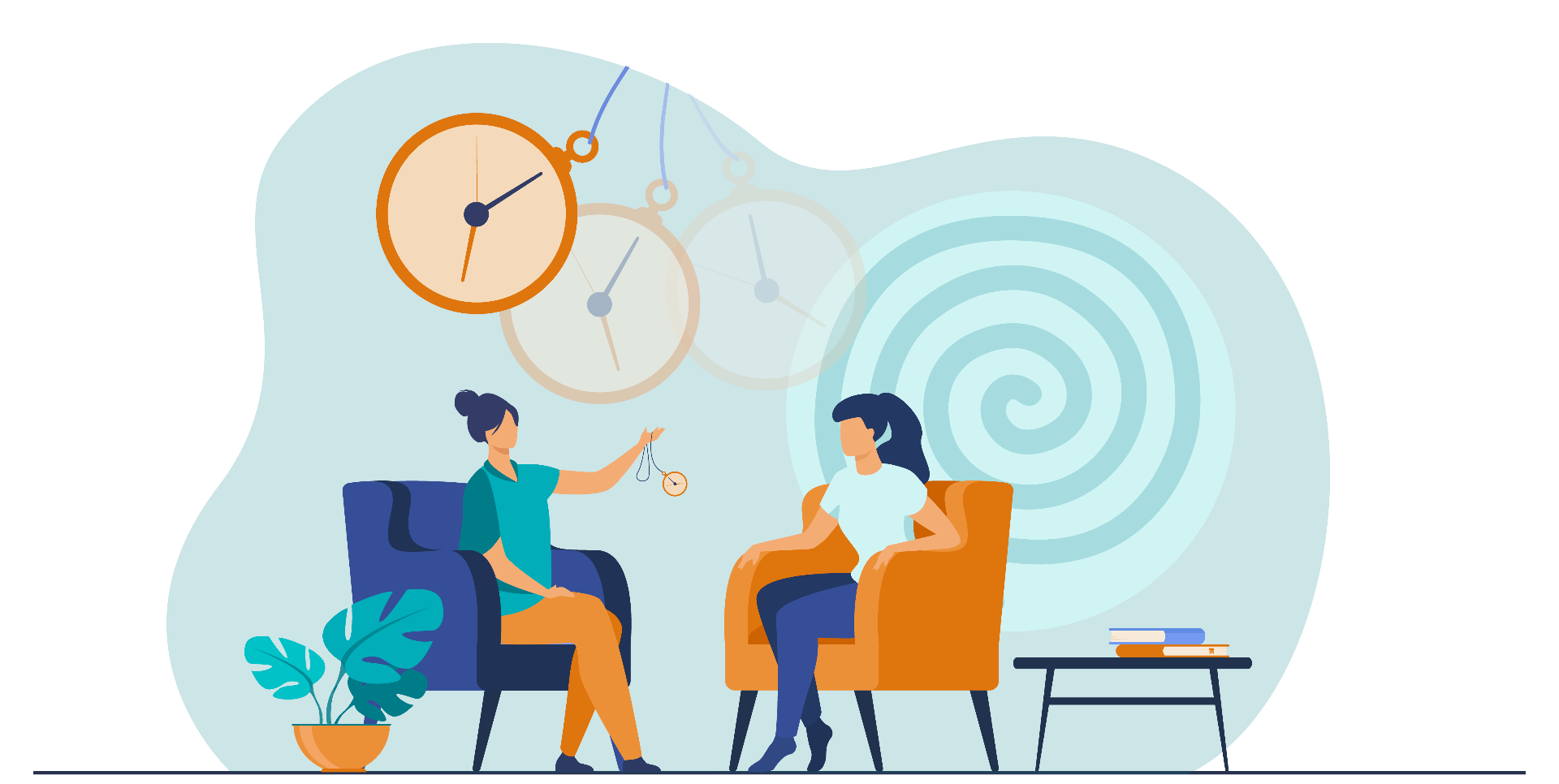 Therapy session illustration with clocks and spirals representing hypnosis